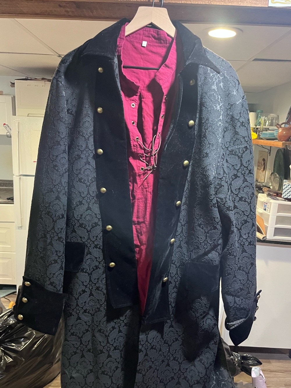 Pirate Costume coat w shirt Black Brocade Long Coat with Velvet Trim